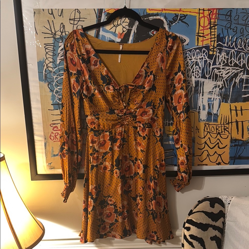 Free People Gold Sundress with Long Bishop Sleeves and V-Neck